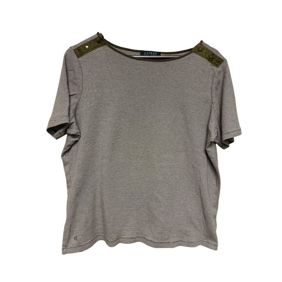 Lauren Ralph Lauren Women's Green Stripe Button Detail Short Sleeve Top Size 2X - Picture 1 of 8